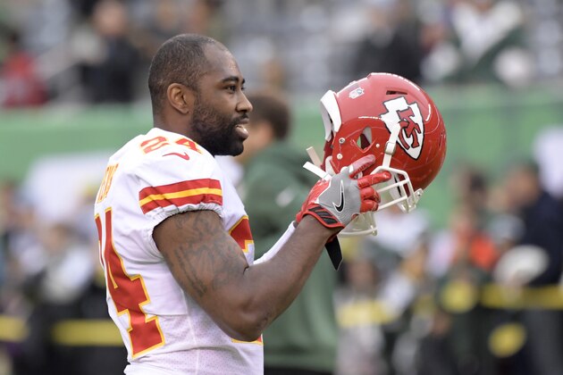 Kansas City Chiefs' Darrelle Revis warms-up before an NFL football game between the Kansas City Chiefs and the New York Jets, Sunday, Dec. 3, 2017, in East Rutherford, N.J. (AP Photo/Bill Kostroun)