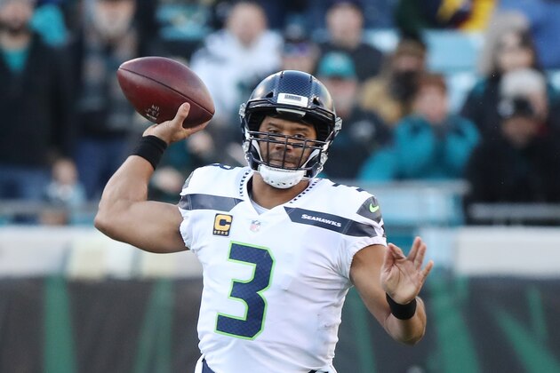 JACKSONVILLE, FL - DECEMBER 10:  Russell Wilson #3 of the Seattle Seahawks looks to pass the football during the first half of their game against the Jacksonville Jaguars at EverBank Field on December 10, 2017 in Jacksonville, Florida.  (Photo by Logan Bowles/Getty Images)