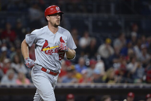 St. Louis Cardinals' Stephen Piscotty walks during the second inning of a baseball game against the San Diego Padres on Tuesday, Sept. 5, 2017, in San Diego. (AP Photo/Orlando Ramirez)