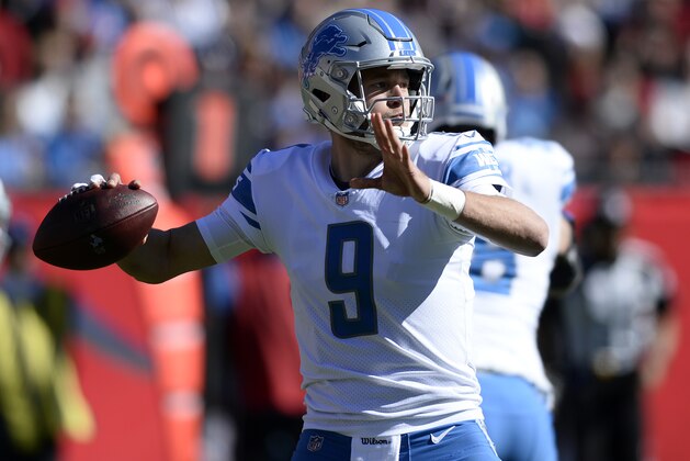 Detroit Lions quarterback Matthew Stafford (9) throws a pass against the Tampa Bay Buccaneers during the first half of an NFL football game Sunday, Dec. 10, 2017, in Tampa, Fla. (AP Photo/Jason Behnken)