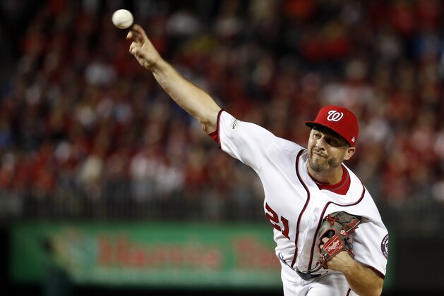 Washington Nationals relief pitcher Brandon Kintzler (21) throws during the sixth inning in Game 5 of baseball's National League Division Series against the Chicago Cubs, at Nationals Park, Thursday, Oct. 12, 2017, in Washington.(AP Photo/Alex Brandon)
