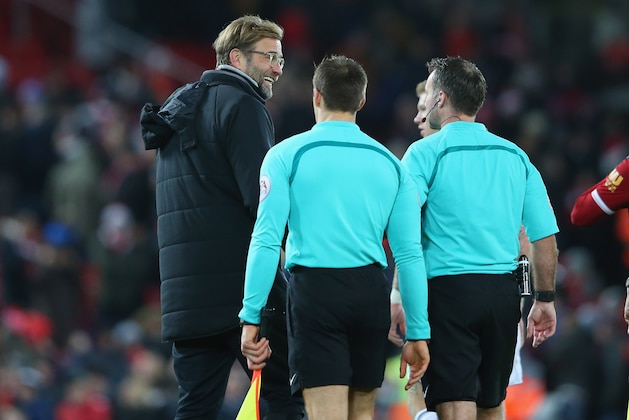 LIVERPOOL, ENGLAND - DECEMBER 13:  Jurgen Klopp the manager of Liverpool talks with referee Paul Tierney after the the Premier League match between Liverpool and West Bromwich Albion at Anfield on December 13, 2017 in Liverpool, England.  (Photo by Alex Livesey - Danehouse/Getty Images)