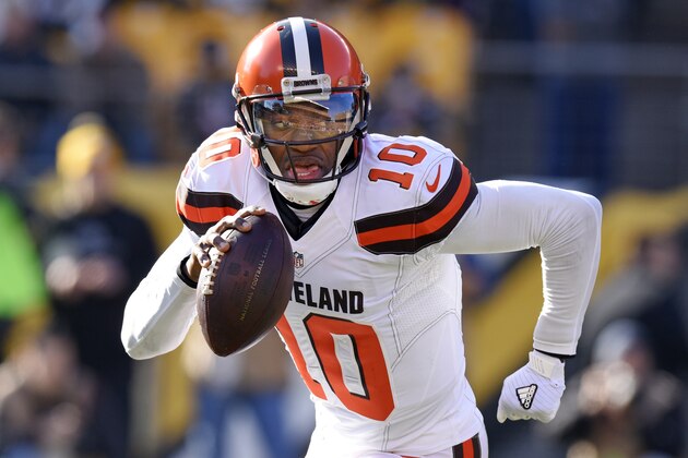 FILE - In this Jan. 1, 2017, file photo, Cleveland Browns quarterback Robert Griffin III (10) rolls out as he looks to pass during the first half of an NFL football game against the Pittsburgh Steelers, in Pittsburgh . A person familiar with the decision says the Browns are releasing quarterback Robert Griffin III after one injury-marred season. Griffin is being let go one day before he would have been due a $750,000 roster bonus, said the person who spoke Friday, March 10, 2017,  to the Associated Press on condition of anonymity because the team has not announced the move.  (AP Photo/Don Wright, File)
