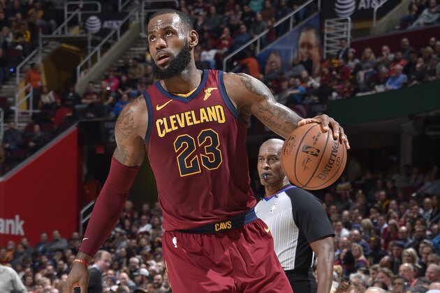 CLEVELAND, OH - DECEMBER 12:  LeBron James #23 of the Cleveland Cavaliers handles the ball against the Atlanta Hawks on December 12, 2017 at Quicken Loans Arena in Cleveland, Ohio. NOTE TO USER: User expressly acknowledges and agrees that, by downloading and/or using this Photograph, user is consenting to the terms and conditions of the Getty Images License Agreement. Mandatory Copyright Notice: Copyright 2017 NBAE  (Photo by David Liam Kyle/NBAE via Getty Images)
