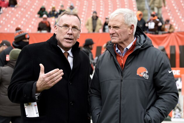 CLEVELAND, OH - DECEMBER 10: New General Manager John Dorsey of the Cleveland Browns  is seen with owner Jimmy Haslam before the game against the Green Bay Packers at FirstEnergy Stadium on December 10, 2017 in Cleveland, Ohio. (Photo by Jason Miller/Getty Images)