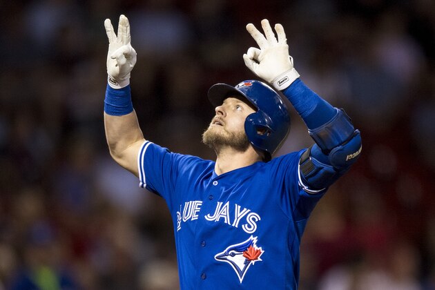 BOSTON, MA - SEPTEMBER 26: Josh Donaldson #20 of the Toronto Blue Jays reacts after hitting a solo home run during the first inning of a game against the Boston Red Sox on September 26, 2017 at Fenway Park in Boston, Massachusetts. (Photo by Billie Weiss/Boston Red Sox/Getty Images)