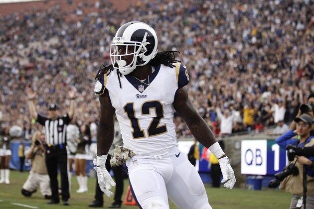 Los Angeles Rams' Sammy Watkins celebrates his touchdown against Houston Texans during an NFL football game against the Houston Texans Sunday, Nov. 12, 2017, in Los Angeles. (AP Photo/Jae C. Hong)