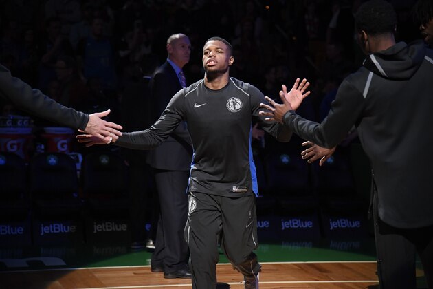 BOSTON, MA - DECEMBER 6:  Dennis Smith Jr. #1 of the Dallas Mavericks is introduced before the game against the Boston Celtics on December 6, 2017 at the TD Garden in Boston, Massachusetts.  NOTE TO USER: User expressly acknowledges and agrees that, by downloading and or using this photograph, User is consenting to the terms and conditions of the Getty Images License Agreement. Mandatory Copyright Notice: Copyright 2017 NBAE  (Photo by Brian Babineau/NBAE via Getty Images)