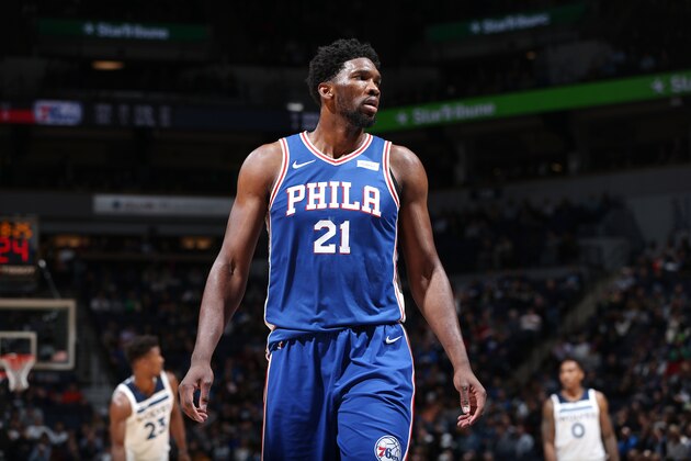 MINNEAPOLIS, MN - DECEMBER 12:  Joel Embiid #21 of the Philadelphia 76ers looks on during the game against the Minnesota Timberwolves on December 12, 2017 at Target Center in Minneapolis, Minnesota. NOTE TO USER: User expressly acknowledges and agrees that, by downloading and or using this Photograph, user is consenting to the terms and conditions of the Getty Images License Agreement. Mandatory Copyright Notice: Copyright 2017 NBAE (Photo by David Sherman/NBAE via Getty Images)