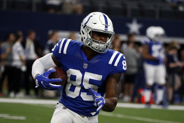 Indianapolis Colts tight end Brandon Williams (85) runs with the ball after catching a pass before a preseason NFL football game against the Dallas Cowboys on Saturday, Aug. 19, 2017, in Arlington, Texas. (AP Photo/Michael Ainsworth)
