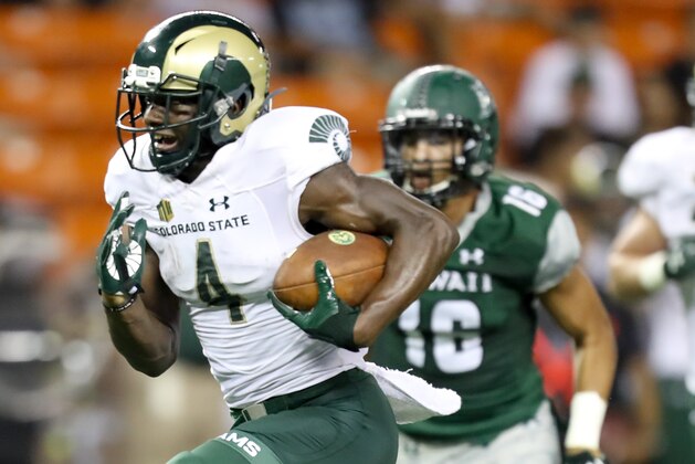 HONOLULU, HI - SEPTEMBER 30: Michael Gallup #4 of the Colorado State Rams runs the ball in for a touchdown during the second half of the NCAA football game between the Colorado State Rams and the Hawaii Rainbow Warriors at Aloha Stadium on September 30, 2017 in Honolulu, Hawaii. (Photo by Darryl Oumi/Getty Images)