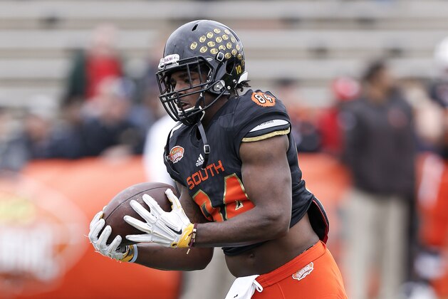 MOBILE, AL - JANUARY 28: Wide Receiver Chad Williams #84 from Grambling of the South Team during the 2017 Resse's Senior Bowl at Ladd-Peebles Stadium on January 28, 2017 in Mobile, Alabama. The South defeated the North 16-15. (Photo by Don Juan Moore/Getty Images)