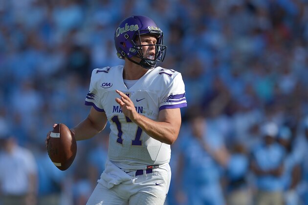 CHAPEL HILL, NC - SEPTEMBER 17:  Bryan Schor #17 of the James Madison Dukes in action against the North Carolina Tar Heels during the game at Kenan Stadium on September 17, 2016 in Chapel Hill, North Carolina.  (Photo by Grant Halverson/Getty Images)