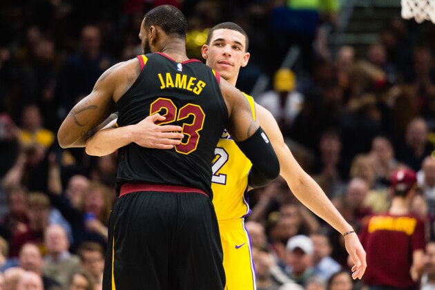 CLEVELAND, OH - DECEMBER 14: LeBron James #23 of the Cleveland Cavaliers and Lonzo Ball #2 of the Los Angeles Lakers embrace during the first half at Quicken Loans Arena on December 14, 2017 in Cleveland, Ohio. NOTE TO USER: User expressly acknowledges and agrees that, by downloading and or using this photograph, User is consenting to the terms and conditions of the Getty Images License Agreement. (Photo by Jason Miller/Getty Images)