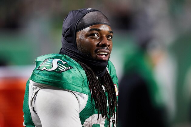 REGINA, SK - OCTOBER 27: Trent Richardson #33 of the Saskatchewan Roughriders on the sideline during the game between the Montreal Alouettes and Saskatchewan Roughriders at Mosaic Stadium on October 27, 2017 in Regina, Canada. (Photo by Brent Just/Getty Images)