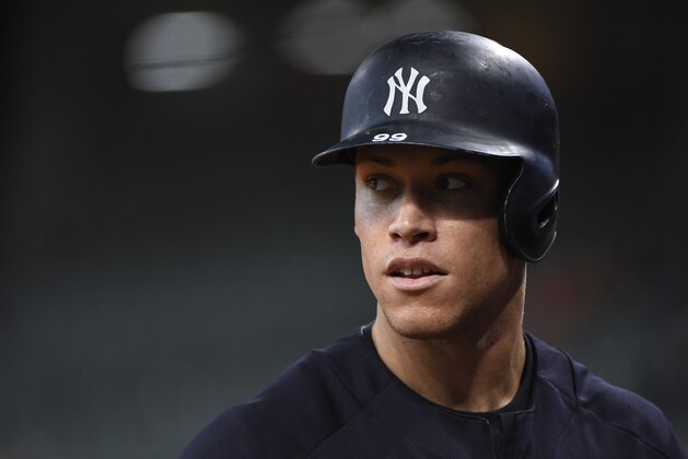 FILE - In this Oct. 21, 2017, file photo, New York Yankees' Aaron Judge waits to hit before Game 7 of baseball's American League Championship Series against the Houston Astros in Houston. A unanimous winner of the AL Rookie of the Year Award and runner-up in Most Valuable Player voting, Aaron Judge also received ballots in another election: for New York City mayor. (AP Photo/Eric Christian Smith, File)