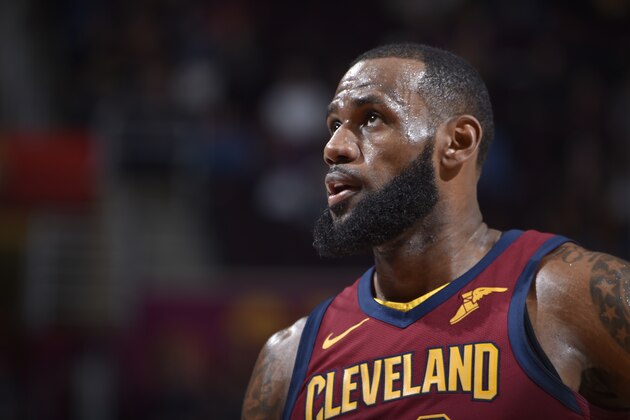 CLEVELAND, OH - DECEMBER 12:  LeBron James #23 of the Cleveland Cavaliers reacts to a play against the Atlanta Hawks on December 12, 2017 at Quicken Loans Arena in Cleveland, Ohio. NOTE TO USER: User expressly acknowledges and agrees that, by downloading and/or using this Photograph, user is consenting to the terms and conditions of the Getty Images License Agreement. Mandatory Copyright Notice: Copyright 2017 NBAE  (Photo by David Liam Kyle/NBAE via Getty Images)
