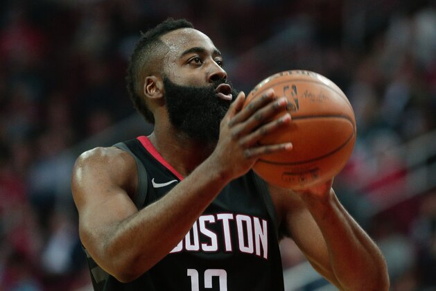 HOUSTON, TX - DECEMBER 13:  James Harden #13 of the Houston Rockets shoots a technical foul that was called on the Charlotte Hornets at Toyota Center on December 13, 2017 in Houston, Texas. NOTE TO USER: User expressly acknowledges and agrees that, by downloading and or using this photograph, User is consenting to the terms and conditions of the Getty Images License Agreement.  (Photo by Bob Levey/Getty Images)