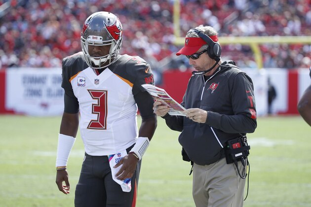 TAMPA, FL - OCTOBER 29: Head coach Dirk Koetter of the Tampa Bay Buccaneers gives instructions to quarterback Jameis Winston #3 during a game against the Carolina Panthers at Raymond James Stadium on October 29, 2017 in Tampa, Florida. The Panthers defeated the Bucs 17-3. (Photo by Joe Robbins/Getty Images)