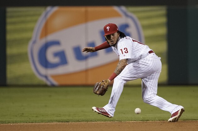 Philadelphia Phillies' Freddy Galvis in action during a baseball game against the Washington Nationals, Monday, Sept. 25, 2017, in Philadelphia. (AP Photo/Matt Slocum)