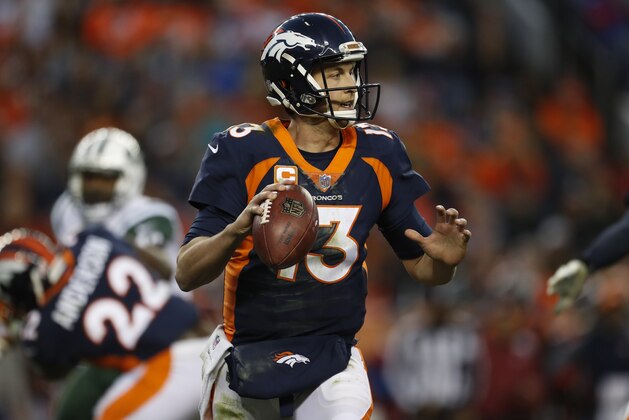 Denver Broncos quarterback Trevor Siemian (13) looks to pass against the New York Jets during the second half of an NFL football game, Sunday, Dec. 10, 2017, in Denver. The Broncos won 23-0. (AP Photo/Joe Mahoney)