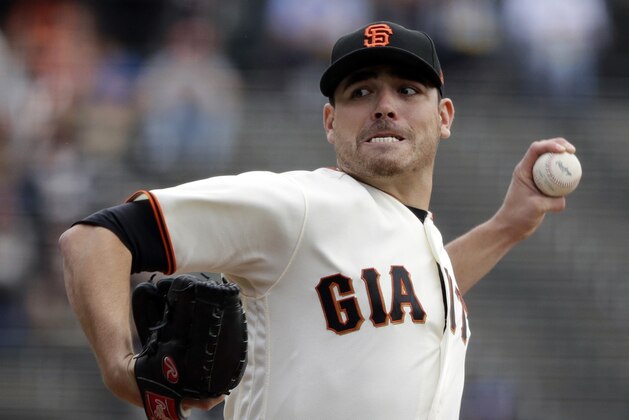 FILE - In this Sept. 20, 2017 file photo, San Francisco Giants starting pitcher Matt Moore throws to the Colorado Rockies during a baseball game in San Francisco. As planned, San Francisco exercised their $7 million option for Moore. In 2017 He was 6-15, a career-high losses, with a 5.52 ERA over 174 1/3 innings. He allowed a career-high 107 earned runs. (AP Photo/Marcio Jose Sanchez, File)
