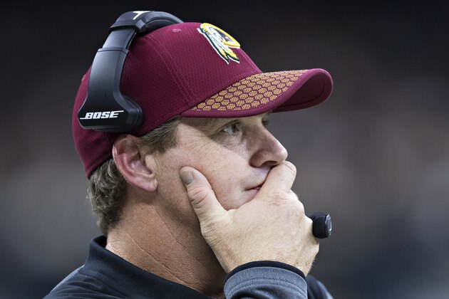 NEW ORLEANS, LA - NOVEMBER 19:  Head Coach Jay Gruden of the Washington Redskins on the sidelines during a game against the New Orleans Saints at Mercedes-Benz Superdome on November 19, 2017 in New Orleans, Louisiana.  Saints defeated the Redskins 34-31.  (Photo by Wesley Hitt/Getty Images)