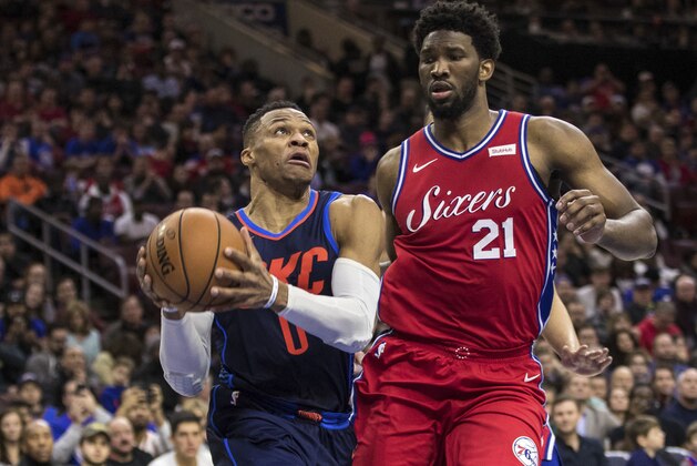 Oklahoma City Thunder's Russell Westbrook, left, drives to the basket past Philadelphia 76ers' Joel Embiid, right, of Cameroon, during the first half of an NBA basketball game, Friday, Dec. 15, 2017, in Philadelphia. (AP Photo/Chris Szagola)