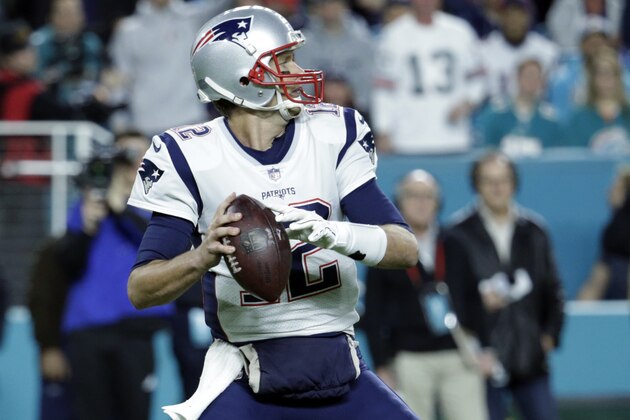 New England Patriots quarterback Tom Brady (12) looks to pass, during the first half of an NFL football game against the Miami Dolphins, Monday, Dec. 11, 2017, in Miami Gardens, Fla. (AP Photo/Lynne Sladky)