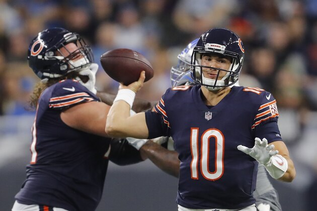 Chicago Bears quarterback Mitchell Trubisky (10) passes during the second half of an NFL football game against the Detroit Lions, Saturday, Dec. 16, 2017, in Detroit. (AP Photo/Paul Sancya)