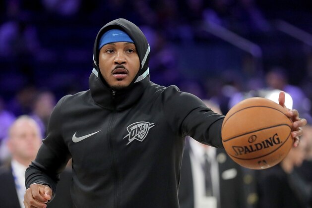 NEW YORK, NY - DECEMBER 16:  Carmelo Anthony #7 of the Oklahoma City Thunder warms up prior to taking on the New York Knicks during their game at Madison Square Garden on December 16, 2017 in New York City. NOTE TO USER: User expressly acknowledges and agrees that, by downloading and or using this photograph, User is consenting to the terms and conditions of the Getty Images License Agreement.  (Photo by Abbie Parr/Getty Images)
