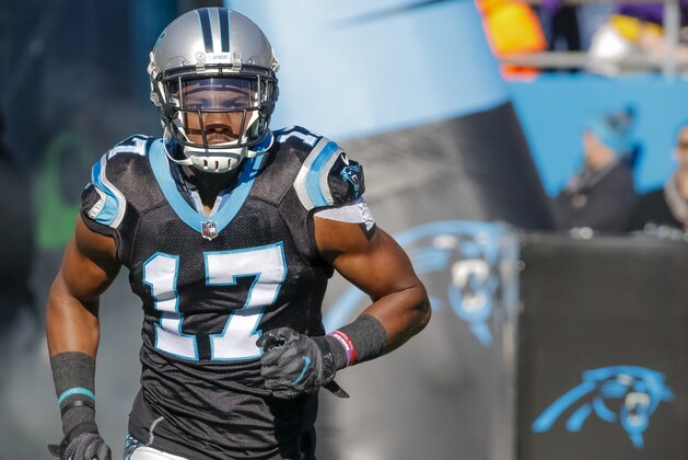 Carolina Panthers' Devin Funchess (17) makes his way onto the field during introductions before an NFL football game against the Minnesota Vikings in Charlotte, N.C., Sunday, Dec. 10, 2017. The Panthers won 31-24. (AP Photo/Bob Leverone)