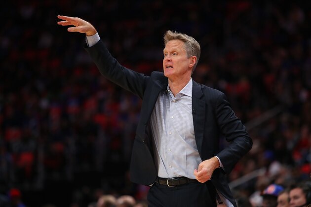DETROIT, MI - DECEMBER 08: Head coach Steve Kerr of the Golden State Warriors looks on from the bench while playing the Detroit Pistons at Little Caesars Arena on December 8, 2017 in Detroit, Michigan. Golden State won the game 102-98. NOTE TO USER: User expressly acknowledges and agrees that, by downloading and or using this photograph, User is consenting to the terms and conditions of the Getty Images License Agreement. (Photo by Gregory Shamus/Getty Images)