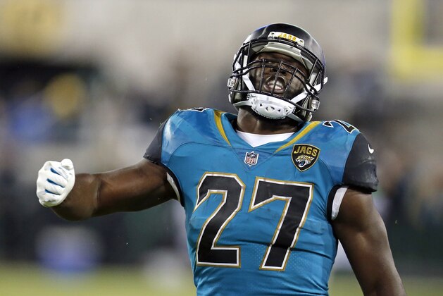 Jacksonville Jaguars running back Leonard Fournette (27) celebrates after a run against the Seattle Seahawks during the second half of an NFL football game, Sunday, Dec. 10, 2017, in Jacksonville, Fla. (AP Photo/Stephen B. Morton)