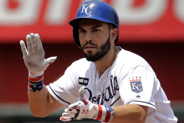 Kansas City Royals' Eric Hosmer celebrates after hitting an RBI-double during the third inning of a baseball game against the Minnesota Twins, Sunday, July 2, 2017, in Kansas City, Mo. (AP Photo/Charlie Riedel)