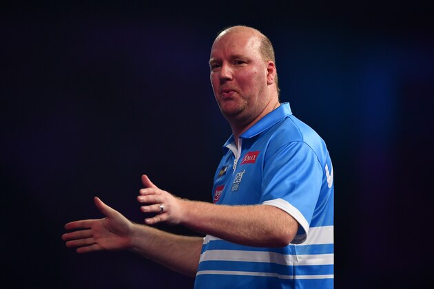 LONDON, ENGLAND - DECEMBER 22:  Vincent van der Voort of the Netherlands reacts during his first round match against Max Hopp of Germnay on day eight of the 2017 William Hill PDC World Darts Championships at Alexandra Palace on December 22, 2016 in London, England. (Photo by Dan Mullan/Getty Images)
