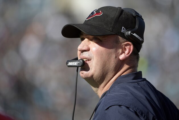 Houston Texans head coach Bill O'Brien directs his team against the Jacksonville Jaguars during the first half of an NFL football game, Sunday, Dec. 17, 2017, in Jacksonville, Fla. (AP Photo/Phelan M. Ebenhack)