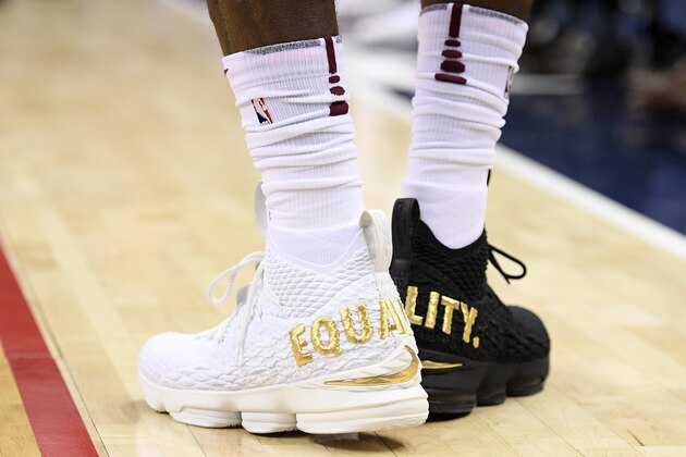 Cleveland Cavaliers forward LeBron James' shoes are emblazoned with