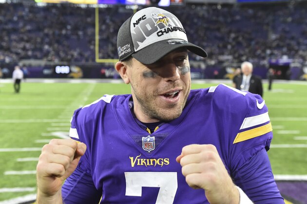 Minnesota Vikings quarterback Case Keenum celebrates on the field after an NFL football game against the Cincinnati Bengals, Sunday, Dec. 17, 2017, in Minneapolis. The Vikings won 34-7. (AP Photo/John Autey)
