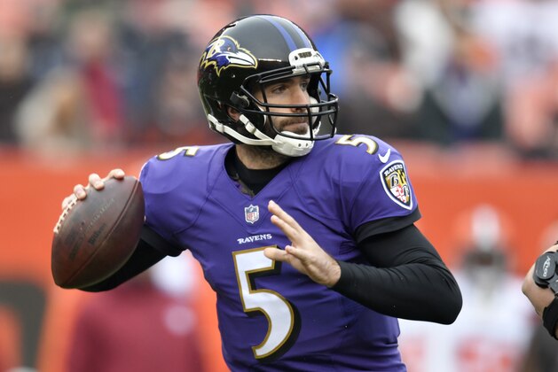 Baltimore Ravens quarterback Joe Flacco looks to throw during the first half of an NFL football game against the Cleveland Browns, Sunday, Dec. 17, 2017, in Cleveland. (AP Photo/David Richard)
