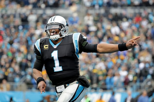 CHARLOTTE, NC - DECEMBER 17:  Cam Newton #1 of the Carolina Panthers reacts after a touchdown against the Green Bay Packers in the fourth quarter during their game at Bank of America Stadium on December 17, 2017 in Charlotte, North Carolina.  (Photo by Streeter Lecka/Getty Images)