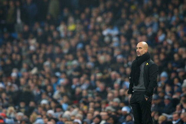 MANCHESTER, ENGLAND - DECEMBER 16:  Pep Guardiola the manager of Manchester City looks on during the Premier League match between Manchester City and Tottenham Hotspur at Etihad Stadium on December 16, 2017 in Manchester, England.  (Photo by Alex Livesey - Danehouse/Getty Images)