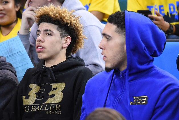 LOS ANGELES, CA - MARCH 01:  (L-R) LaMelo and LiAngelo Ball attend the game between the UCLA Bruins and the Washington Huskies at Pauley Pavilion on March 1, 2017 in Los Angeles, California.  (Photo by Jayne Kamin-Oncea/Getty Images)