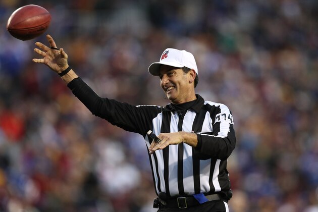 LANDOVER, MD - JANUARY 01: Referee Gene Steratore #114 throws the ball during a game between the New York Giants and the Washington Redskins in the first quarter at FedExField on January 1, 2017 in Landover, Maryland. (Photo by Patrick Smith/Getty Images)