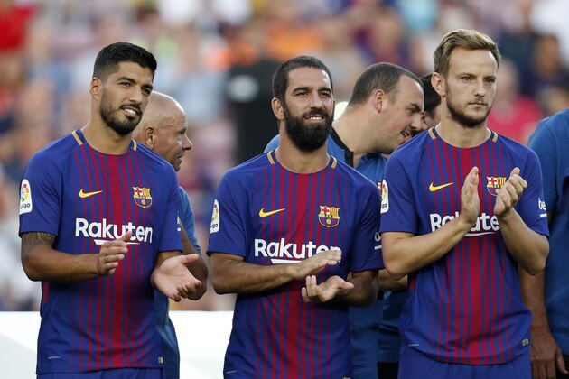 (L-R) Luis Suarez of FC Barcelona, Arda Turan of FC Barcelona, Ivan Rakitic of FC Barcelona during the Trofeu Joan Gamper match between FC Barcelona and Chapecoense on August 7, 2017 at the Camp Nou stadium in Barcelona, Spain.(Photo by VI Images via Getty Images)