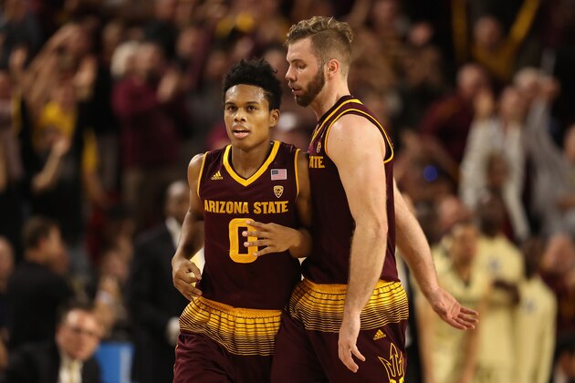 TEMPE, AZ - DECEMBER 17:  Tra Holder #0 and Mickey Mitchell #3 of the Arizona State Sun Devils react after scoring against the Vanderbilt Commodores during the first half of the college basketball game at Wells Fargo Arena on December 17, 2017 in Tempe, Arizona. The Sun Devils defeated the Commodores 76-64. (Photo by Christian Petersen/Getty Images)