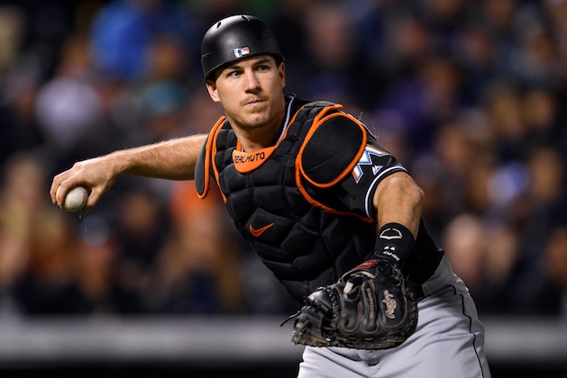 DENVER, CO - SEPTEMBER 26: J.T. Realmuto #11 of the Miami Marlins in action during the game against the Colorado Rockies at Coors Field on September 26, 2017 in Denver, Colorado. (Photo by Rob Foldy/Miami Marlins via Getty Images)