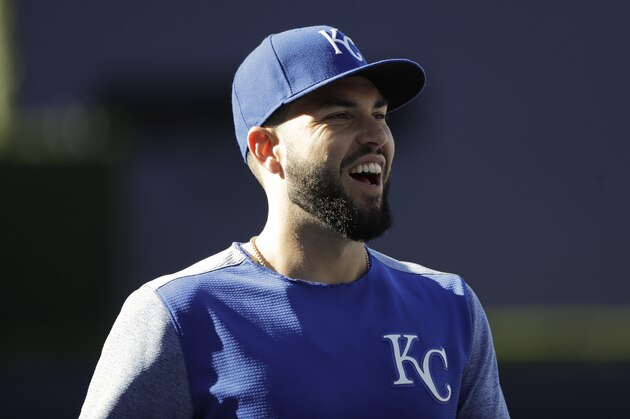 Kansas City Royals first baseman Eric Hosmer warms up before a baseball game against the San Diego Padres Friday, June 9, 2017, in San Diego. (AP Photo/Gregory Bull)