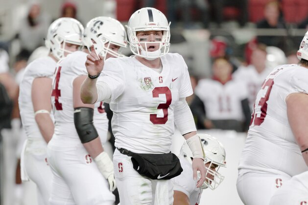 SANTA CLARA, CA - DECEMBER 1:  K.J. Costello #3 of the Stanford Cardinal calls signals during in the Pac-12 Championship game against the USC Trojans on December 1, 2017 at Levi's Stadium in Santa Clara, California.  (Photo by David Madison/Getty Images)