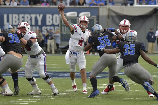SMU quarterback Ben Hicks (8) passes the ball in the first half of an NCAA college football game against Memphis, Saturday, Nov. 18, 2017, in Memphis, Tenn. (AP Photo/Brandon Dill)